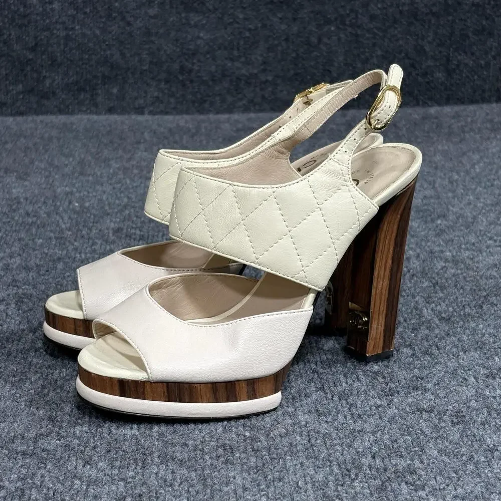 Chanel Platform Sandals Womens 36 White Matelasse Quilted Slingback Heel Italy